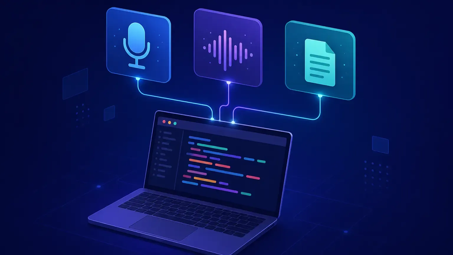 Laptop with code editor connected to three API cards, illustrating a developer comparison of speech-to-text APIs