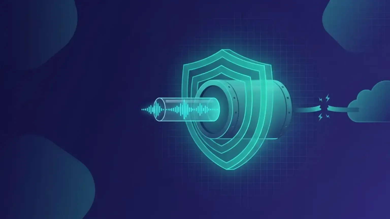 Conceptual illustration of private on-network audio transcription: a cyan waveform enters a shielded vault while the cable to a third-party cloud is severed — AssemblyAI Sync API alternative metaphor