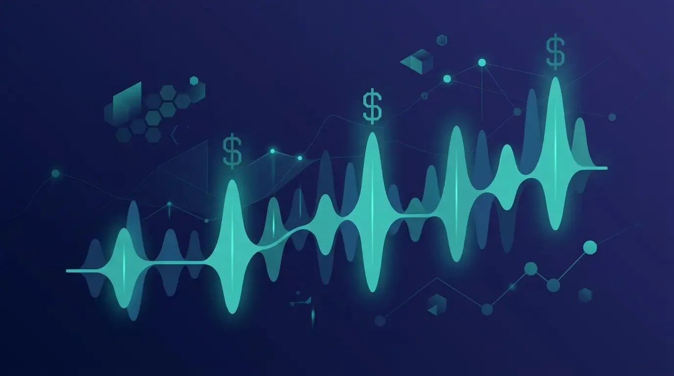 Speech-to-text budget forecasting chart with waveform and pricing comparison