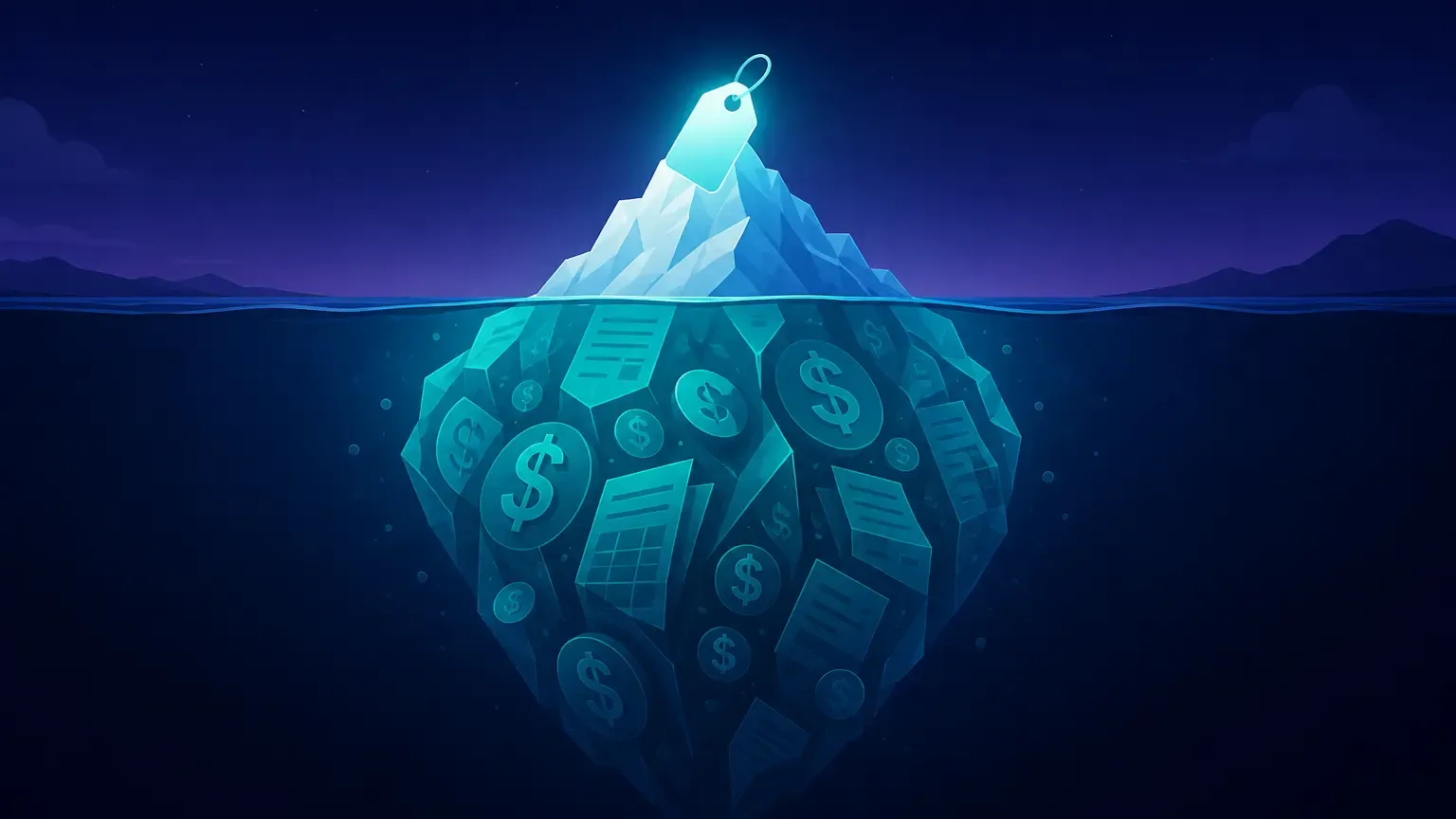 Iceberg illustration showing hidden speech-to-text API costs beneath a visible price tag