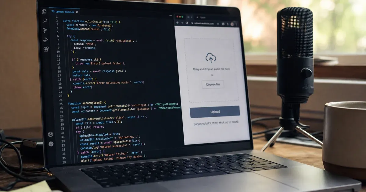 JavaScript developer workspace with code editor and desktop microphone for speech-to-text API integration