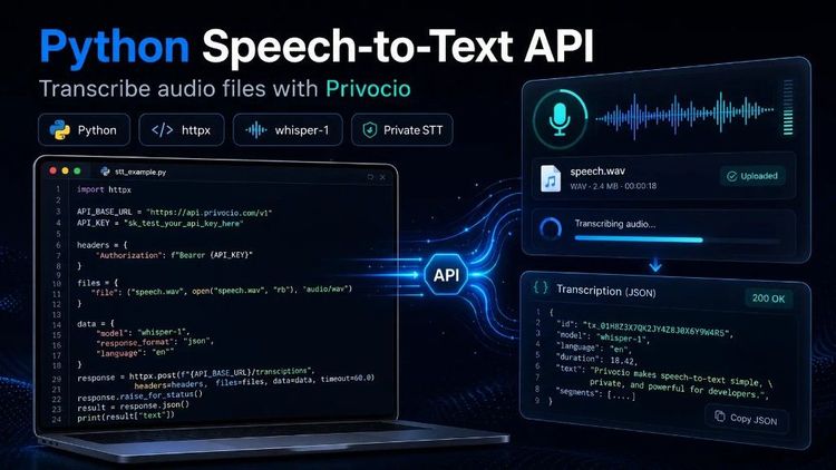 Python Speech-to-Text API tutorial with httpx code example and Privocio transcription workflow