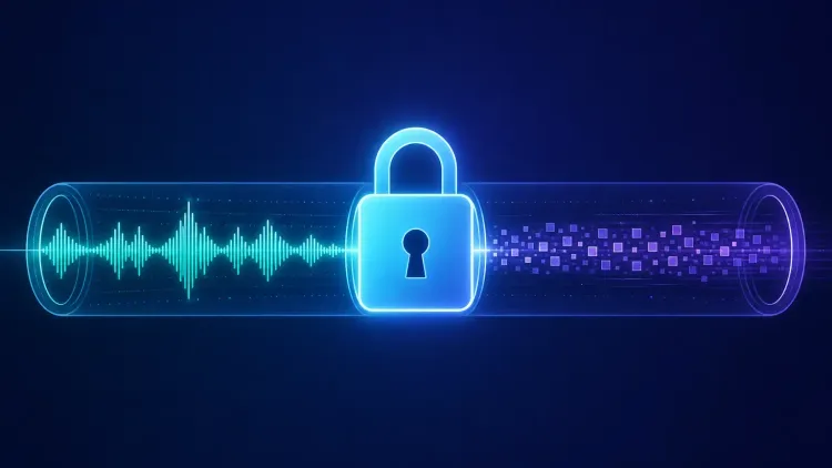 Audio waveform passing through a padlock and emerging encrypted, illustrating end-to-end encrypted transcription