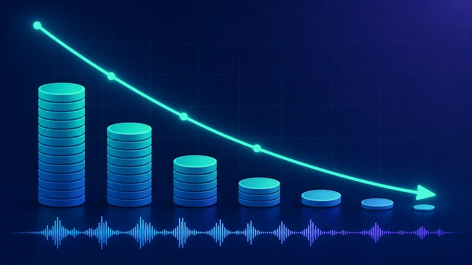 Downward cost curve with shrinking coin stacks illustrating transcription cost reduction at scale