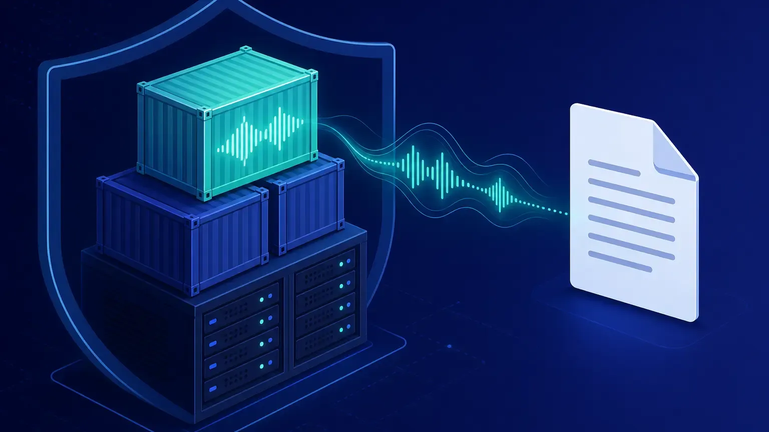 Server rack with containers converting an audio waveform to a transcript inside a shield, illustrating self-hosted speech-to-text