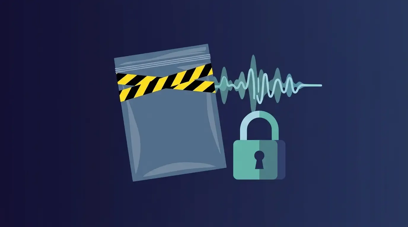 Sealed evidence bag with microphone waveform illustrating private speech-to-text for incident response recordings