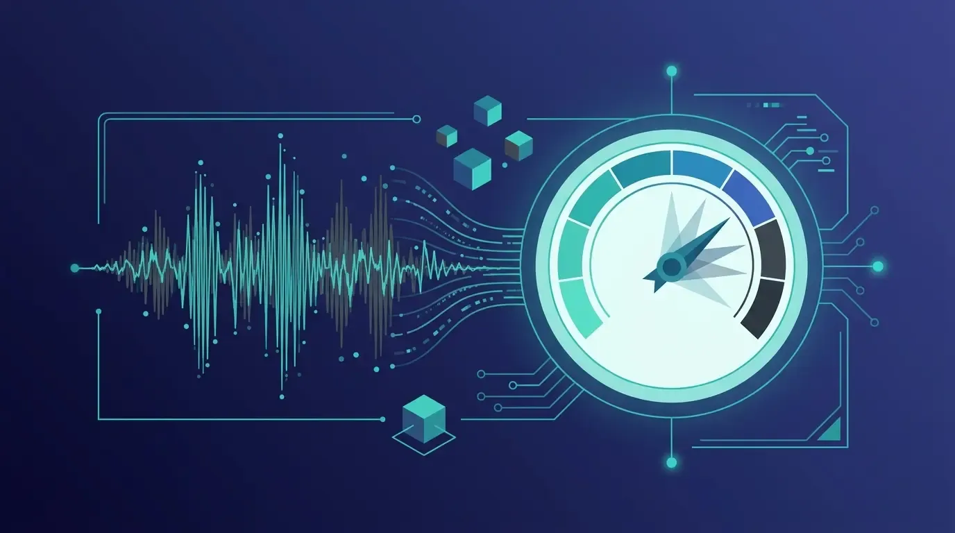 Abstract gauge and waveform illustrating transcription confidence scores