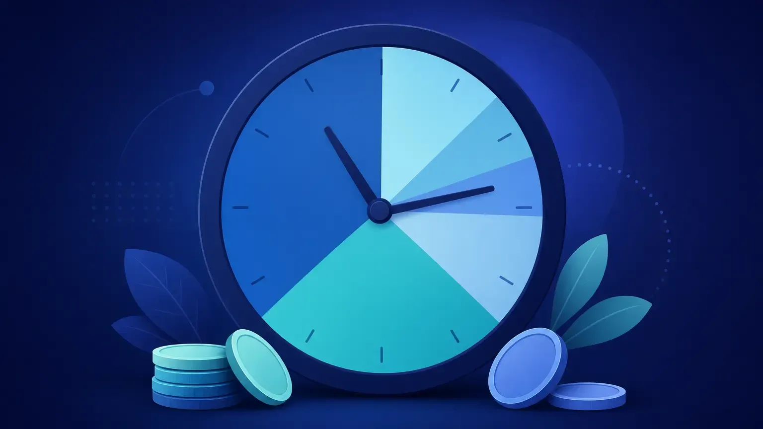 Clock face divided into cost segments with coins, illustrating transcription cost per hour